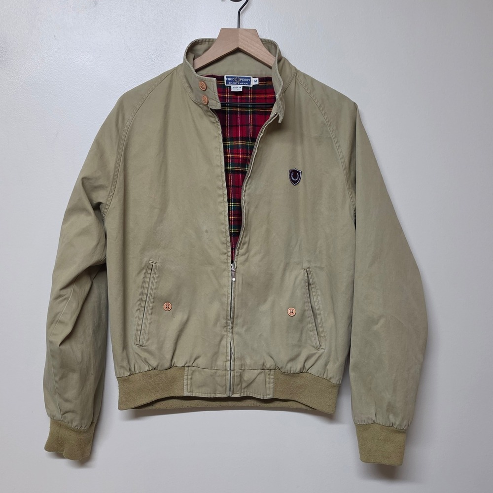Fred Perry Sportswear Harrington Jacket Tan Khaki Plaid Lined Mens MED Vintage
